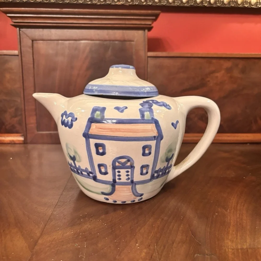 Vintage M.A. Hadley Country Scene Blue House Teapot Hand Painted Pottery